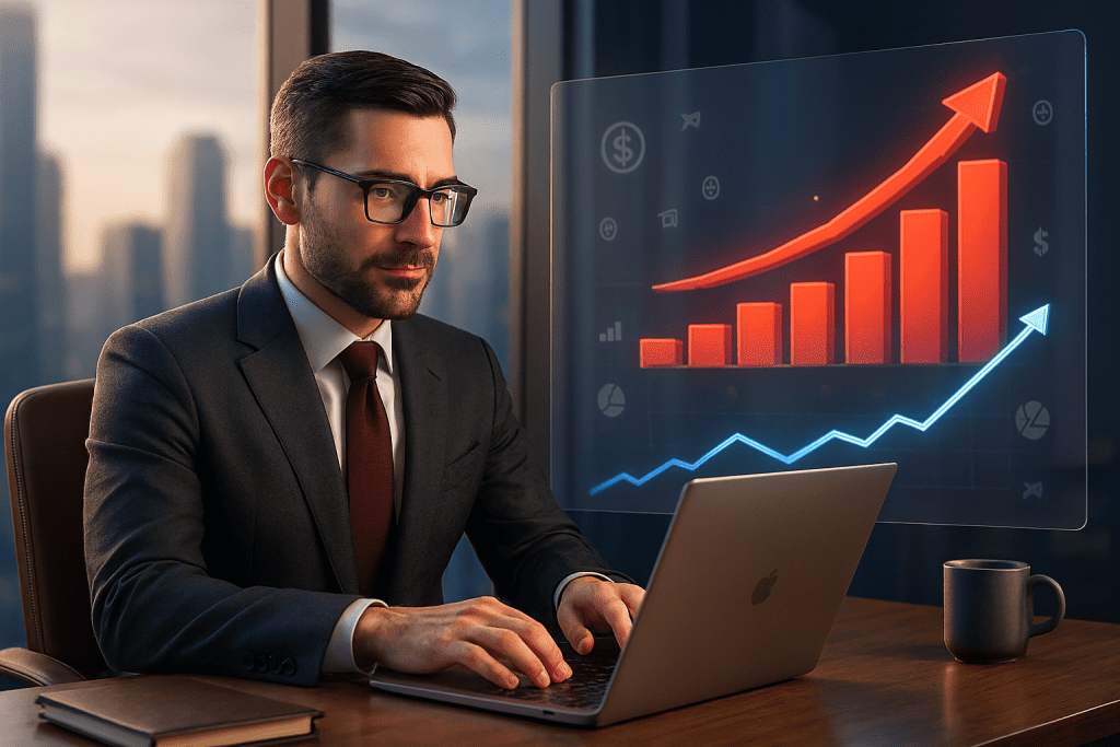 3D image of a business owner working confidently on a laptop with graphs showing upward growth.