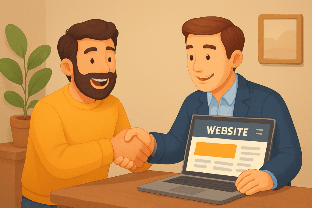 3D image of Happy business owner shaking hands with a consultant while looking at a laptop with a demo website preview.