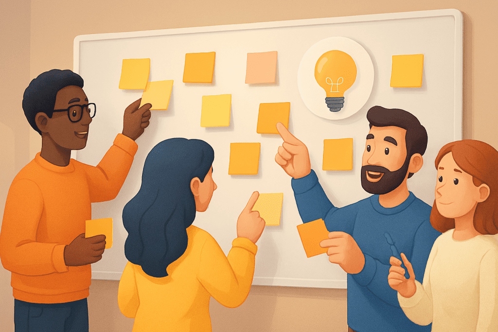 3D image of Team brainstorming ideas with sticky notes on a board.