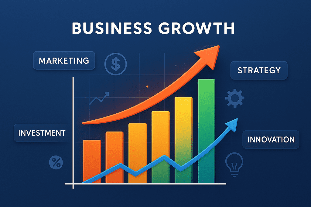 3D image of Illustration of a business growth chart with key strategies highlighted.