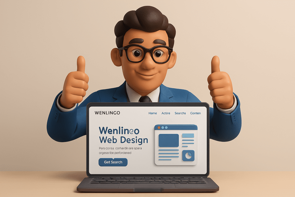 A cheerful businessperson giving a thumbs-up while previewing the Wenlinco Web Design homepage on his laptop.
